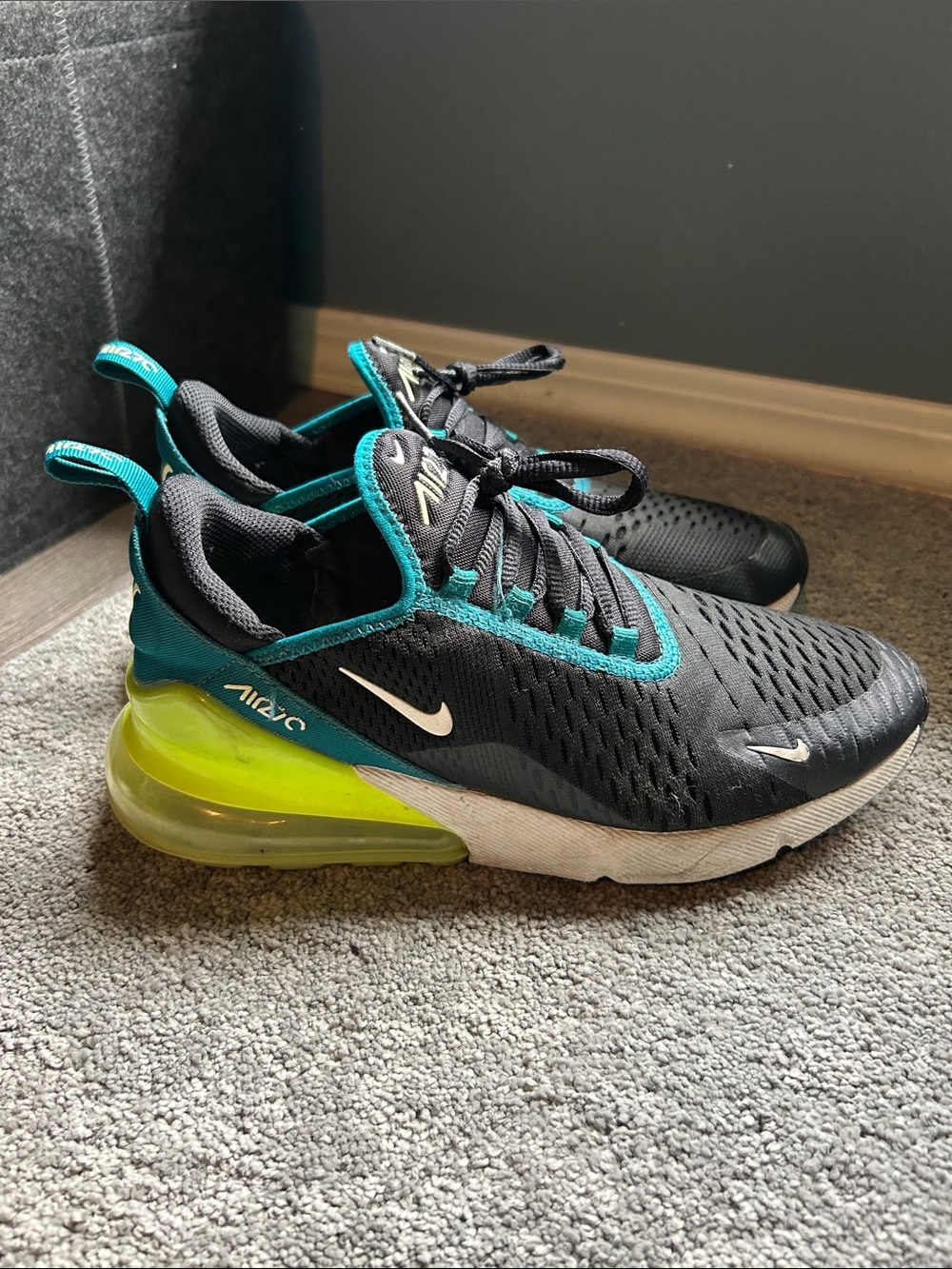 Nike Kids Air Max 270 Sneakers in Black, Teal, and Neon Yellow